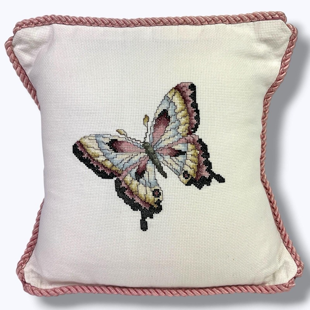 Vintage Handmade Needlepoint Butterfly Pillow Pink Rope Trim 13+"‎ Cottage Decor